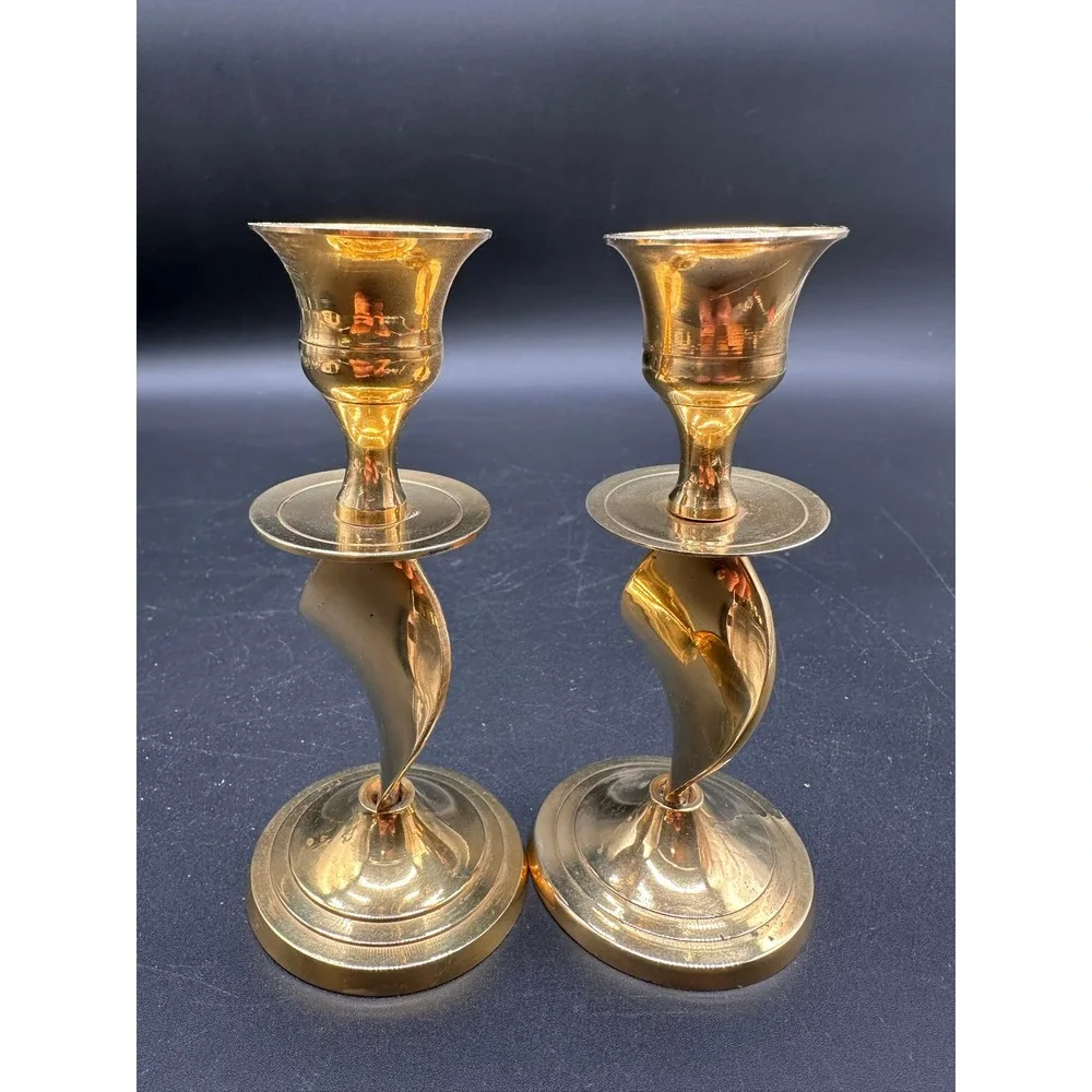 Vintage Brass Ribbon Candlestick Holders Pair Gold Taper Mid Century